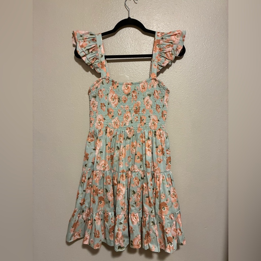 Altar'd State Mini Dress, Sz M, Mint and Peach Floral, ruffles